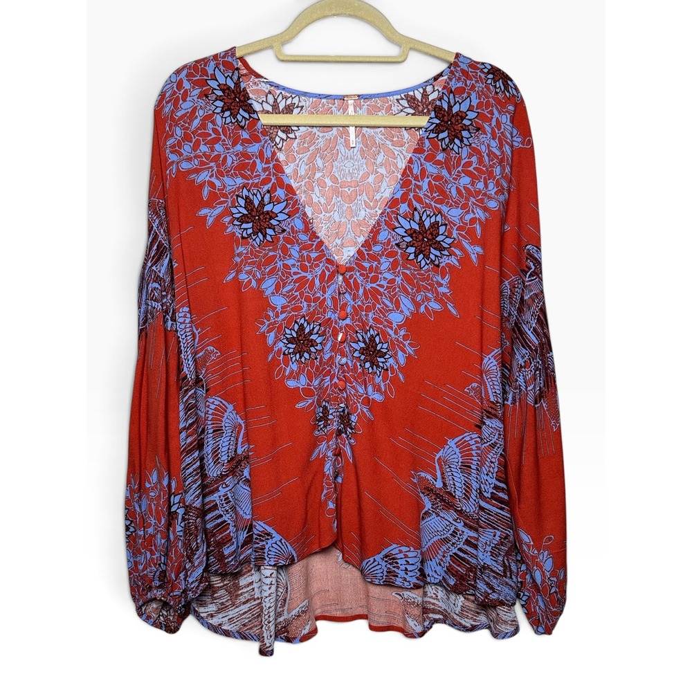 Free People Boho Festival Bird Floral Print Long Balloon Sleeve Blouse Size S - Picture 3 of 6